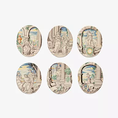 SEI “AMBROGETTE” DI MAIOLICA.  MANIFATTURA RAMPINI,  SIRO ANTONIO AFRICA (ATTR.), PAVIA, 1693-1704